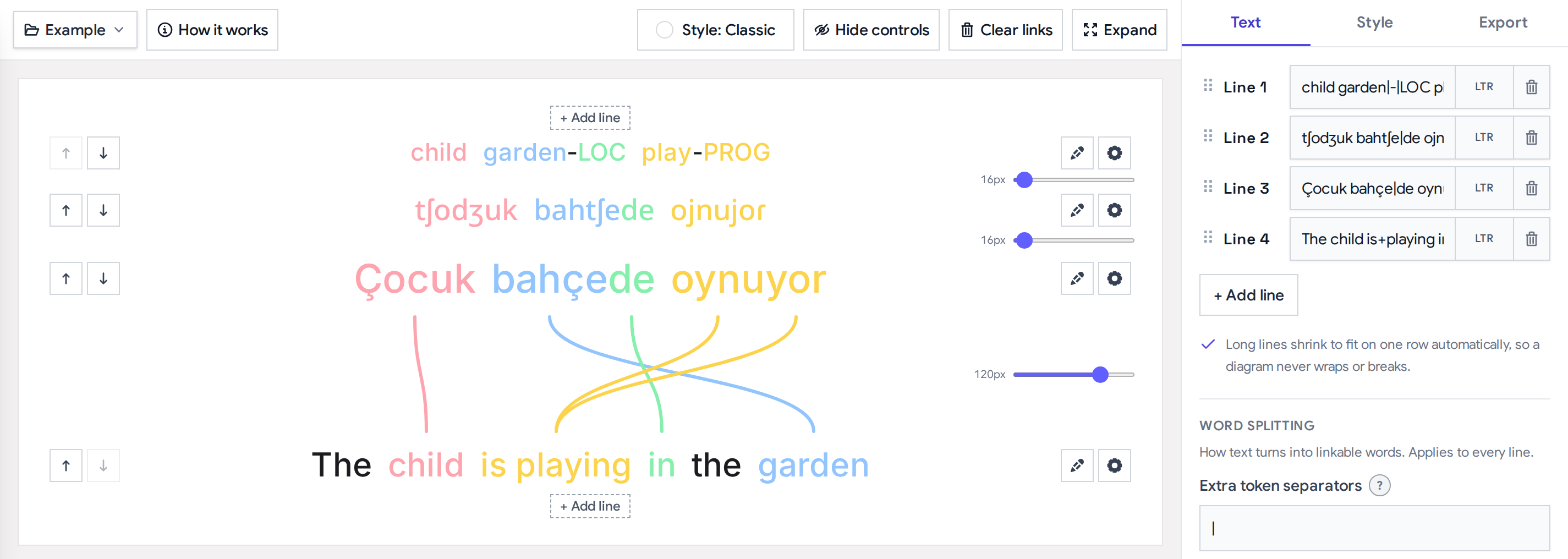 Word Aligner editor: a toolbar with example loader and view controls, a live word-alignment diagram of a Turkish sentence on the left, and the line editor with the Text tab on the right.