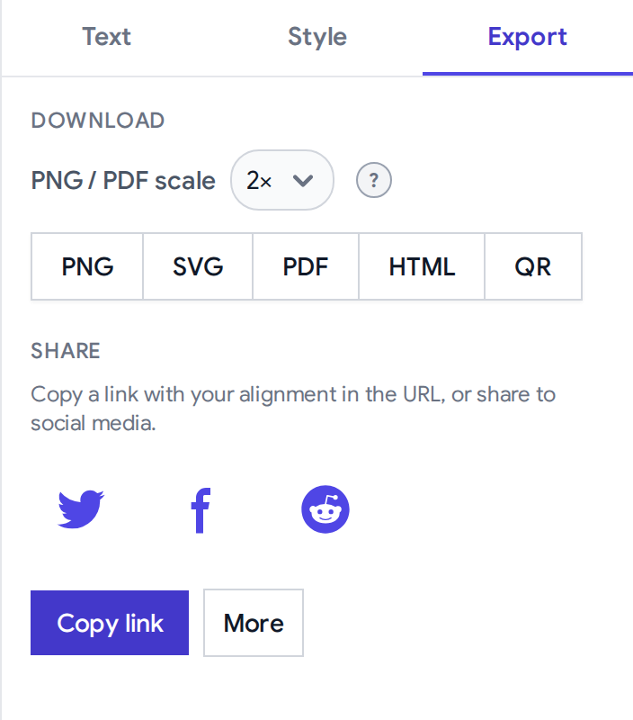 Export tab: download buttons for PNG, SVG, PDF, HTML, and QR, and a share row with social buttons and a Copy link button.