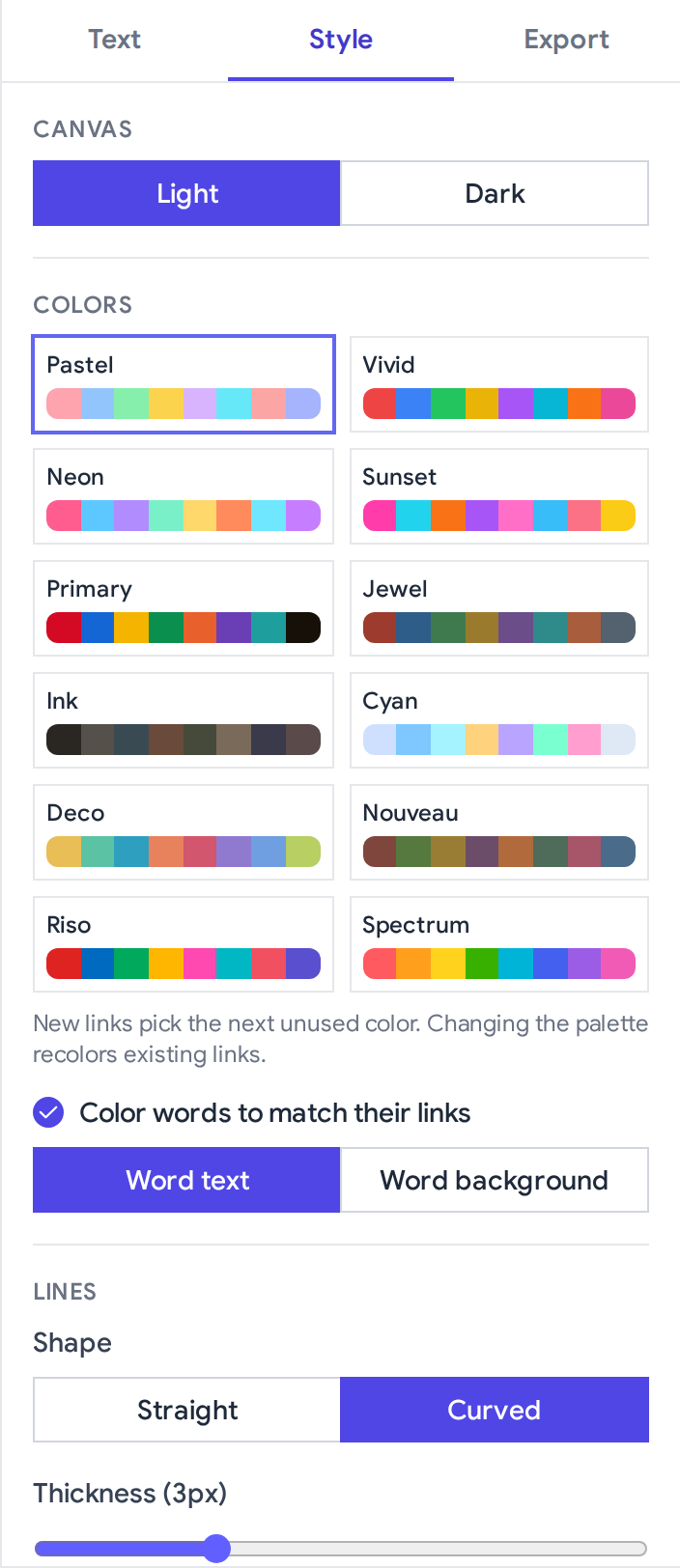 Style tab: a light or dark canvas toggle, a grid of twelve color palettes, a toggle to color words to match their links, and connector shape and thickness controls.