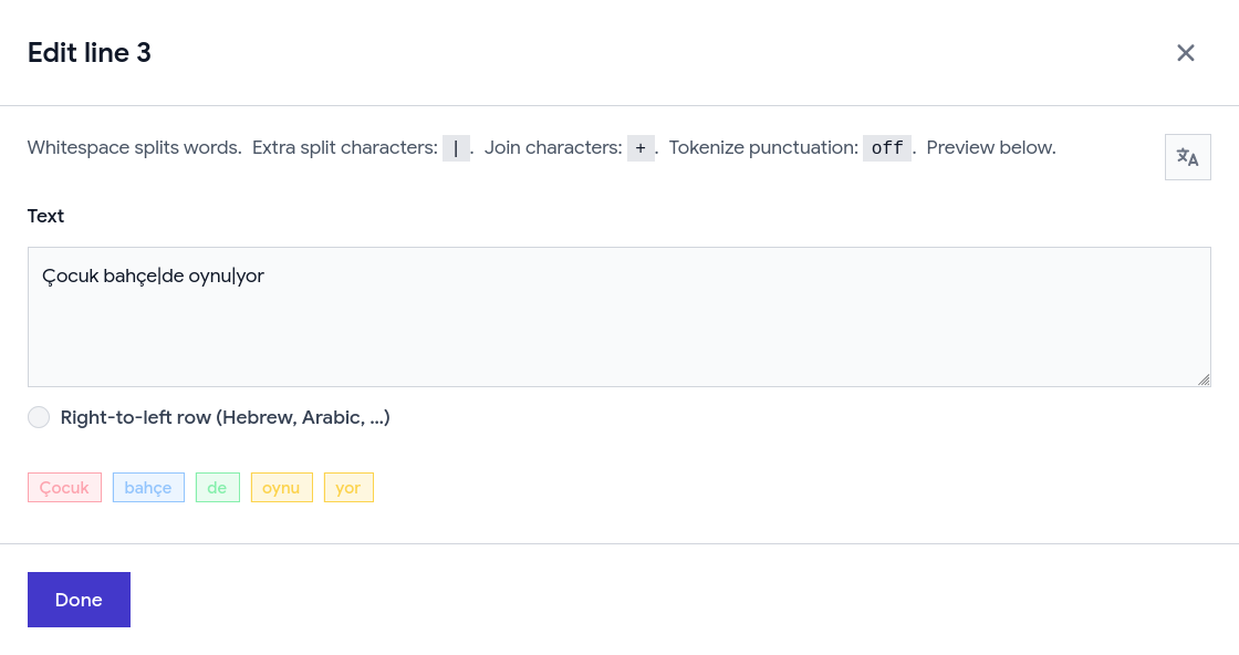 Edit line modal for line 3: Turkish text with pipe characters as morpheme boundaries, a summary of split and join rules, optional right-to-left row toggle, color-coded token preview chips, and Done.