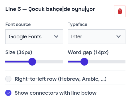 Popover for editing line 3: typography controls for font family, text size, word spacing, line reorder arrows, and delete, above a Turkish token row.