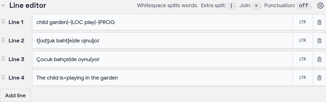Aligner line editor: summary of how words are split (whitespace, extra characters, join marker, punctuation) above stacked lines of text, with a gear control to open word-splitting settings.