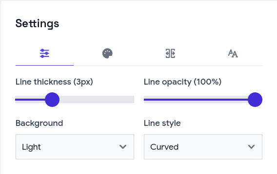 Settings Style tab: UI theme, background mode, connector curve style, line thickness and opacity, default and per-pair line gaps, and options to hide preview chrome.