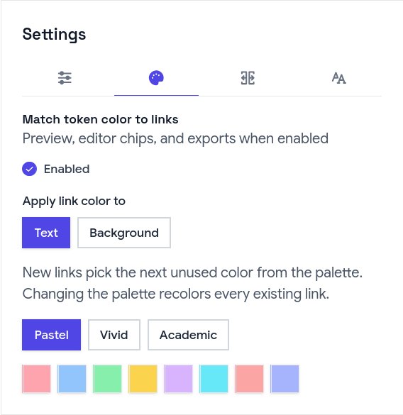 Settings Colors tab: toggle to match token colors to links, choice between coloring token text or backgrounds, and pastel, vivid, and academic palette buttons with swatches.