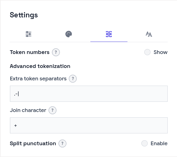 Settings Tokens tab: show line numbers, extra token split characters, single-character merge marker, and punctuation tokenization with optional custom punctuation list.