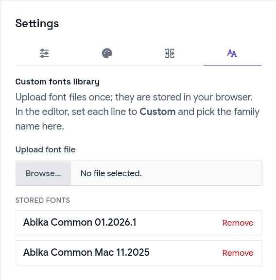Settings Fonts tab: library of uploaded custom fonts with remove actions, plus controls to add fonts from Google Fonts by family name.